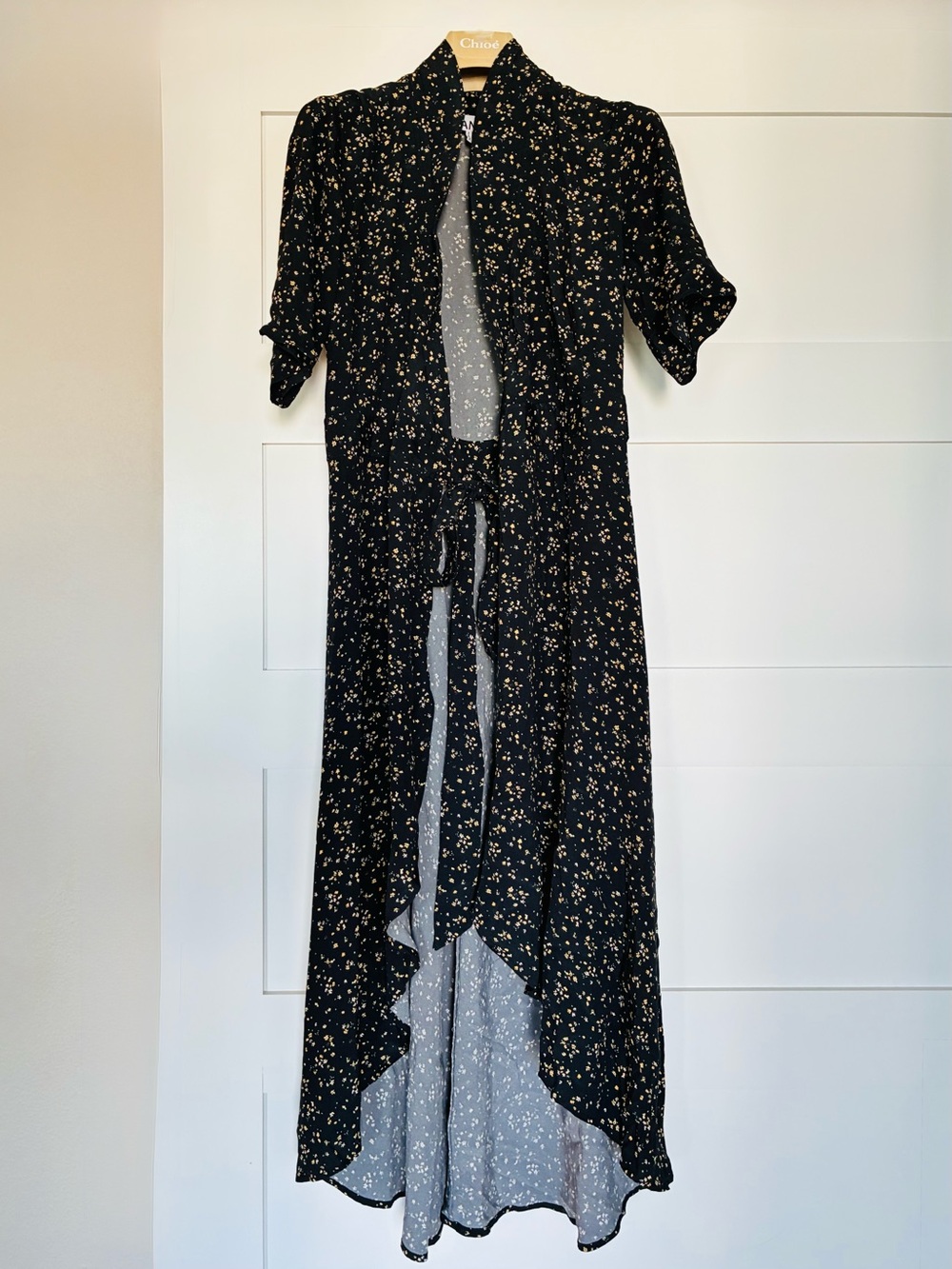 GANNI 36 Black & Yellow Floral Print EcoVero Viscose Wrap Cardigan Midi Dress